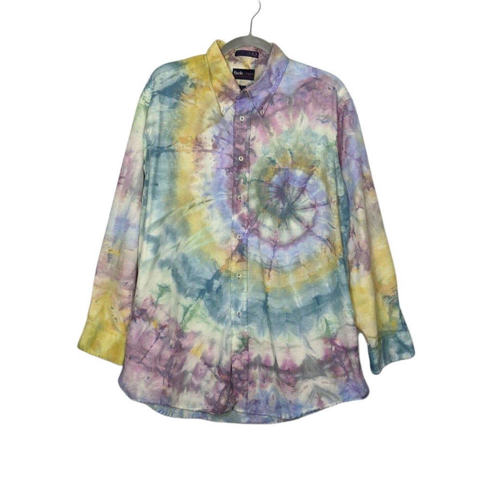Vintage Custom Ice Tie Dye Button Flannel Dress Shirt Art Streetwear Nature